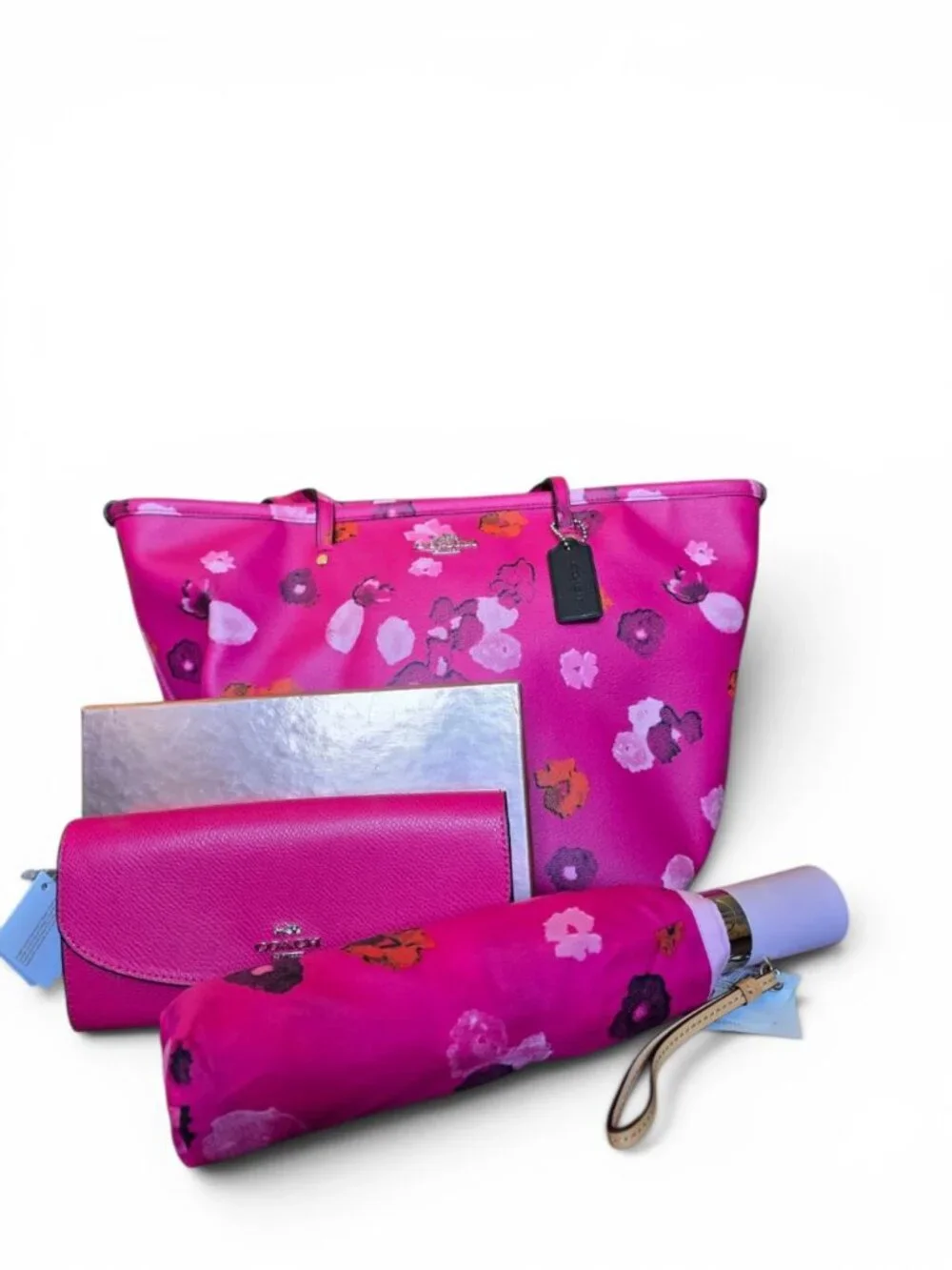 Coach Pink Floral Tote Wallet Umbrella 3-Piece Set NWT Rare Matching Set